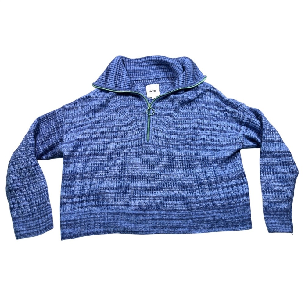 Aerie Womens Small Blue Waffle Knit Quarter Zip Pullover Sweater Funnel Neck